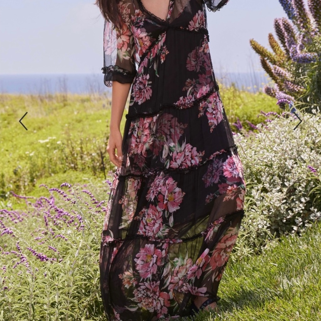 Johnny Was Black Sheer Maxi Dress With Pink Floral Print